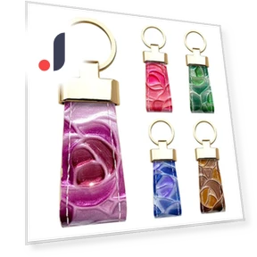 Genuine Leather Smart Key Ring with Stained Glass Rose Floral Pattern — Keyrings & Keychains, SAKURA BLOSSOM ITEMS
