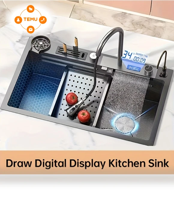 Smart Single Bowl Kitchen Sink with Digital Display Faucet — Dishwashers