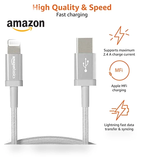 USB-A to Lightning Charger Cable, Nylon Braided Cord — Lightning, Amazon Basics