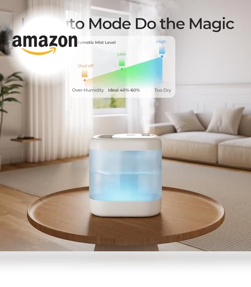 Super Easy to Clean Top Fill Auto Adapt Cool Mist Humidifier — Air Moisture Control, Homvana