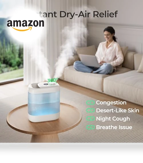 Super Easy to Clean Top Fill Auto Adapt Cool Mist Humidifier — Air Moisture Control, Homvana