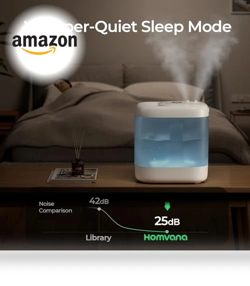 Super Easy to Clean Top Fill Auto Adapt Cool Mist Humidifier — Air Moisture Control, Homvana