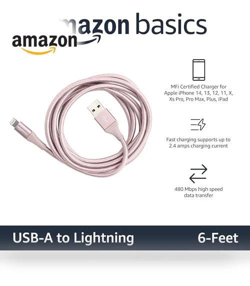 USB-A to Lightning Charger Cable, Nylon Braided Cord — Chargers & Cables, Amazon Basics