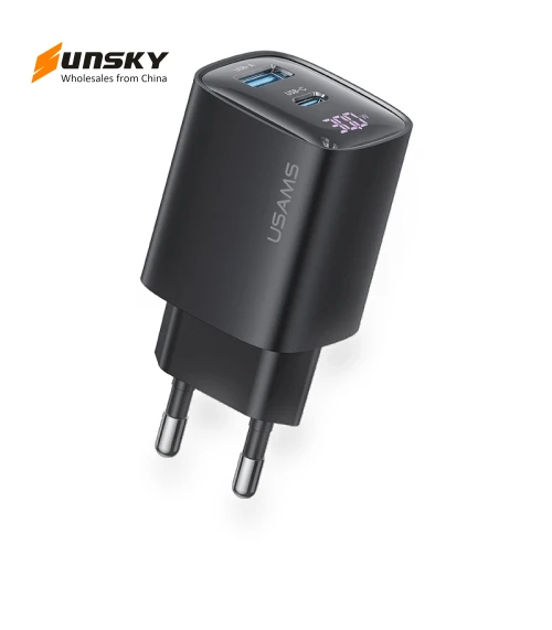 30W USB+USB-C / Type-C Dual Port GaN Digital Display Charger — Chargers, USAMS
