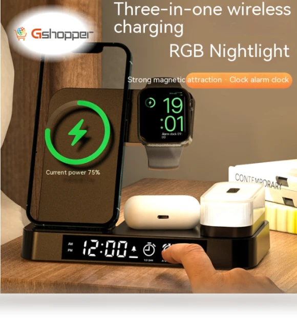 Three-in-One Wireless Charger with Multi-Function Clock — Chargers