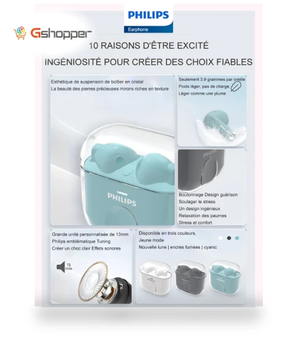 Wireless Bluetooth 5.3 Headset Mini Crystal Shell Earbuds — In-Ear Headphones, Philips
