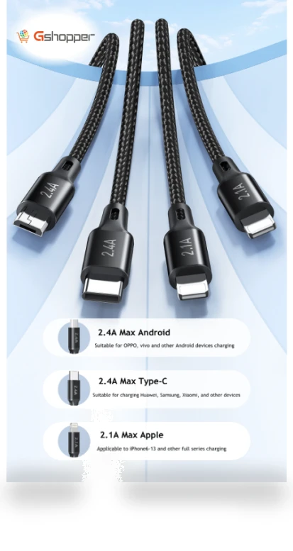 Nylon 4 in 1 Fast Multi Charging Data Cable — Cables, AWEI