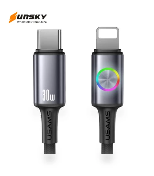 30W Type-C to 8 Pin Aluminum Alloy Data Cable with Colorful Light — Cables, USAMS