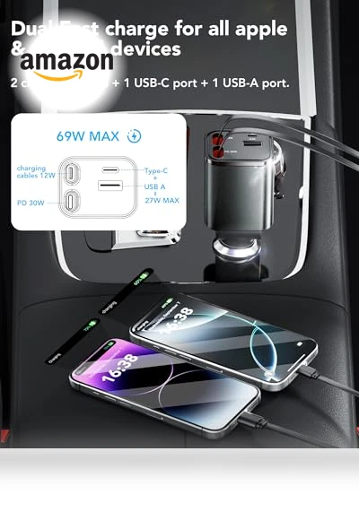4 in 1 Fast Charging Retractable Car Charger — Phone Accessories, EloBeth