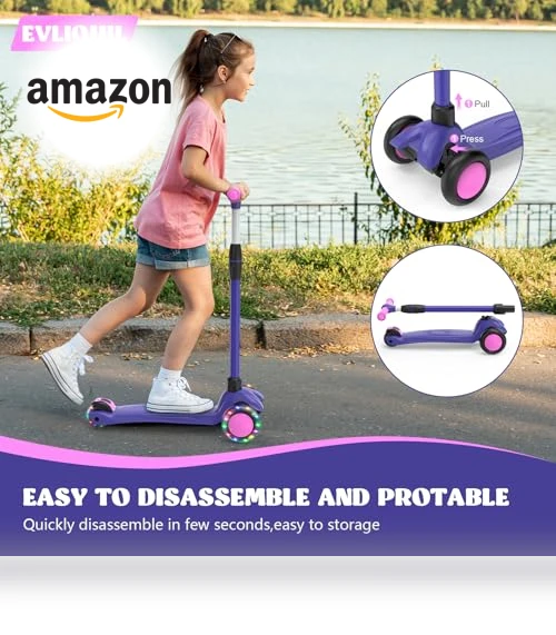 LED Lighted Wheels Kids Scooter with Adjustable Handlebars — Balance Bikes, EVLIQUIL