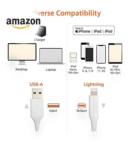 USB-A to Lightning Charger Cable — Lightning, Amazon Basics
