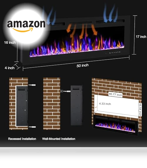 Electric Fireplace Wall Mounted and Recessed with Remote Control — Tabletop Fireplaces, BETELNUT