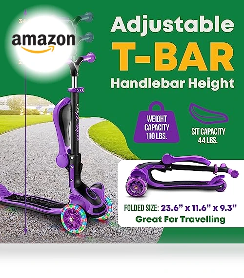 Foldable Seat Kids Scooter with LED Wheel Lights — Push Scooters, Lifemaster