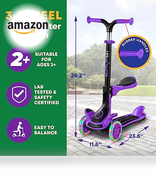 Foldable Seat Kids Scooter with LED Wheel Lights — Push Scooters, Lifemaster