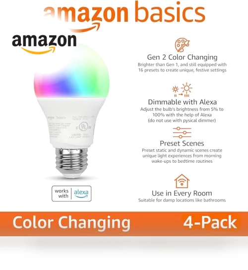 Smart A19 LED Light Bulb, Color Changing — LED, Amazon Basics