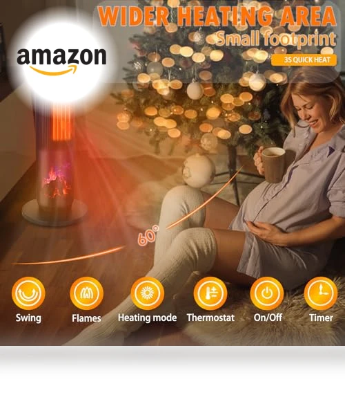 Ceramic Tower Space Heater with 3D Flame — Portable Heating Solutions, ETTFGUH