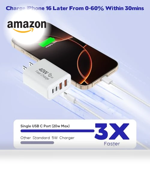 10FT USB C to C Woven Cable with 40W 4 Port PD&AC Charger Block — Chargers, Shenzhen Xihuida Electronics Co., Ltd.