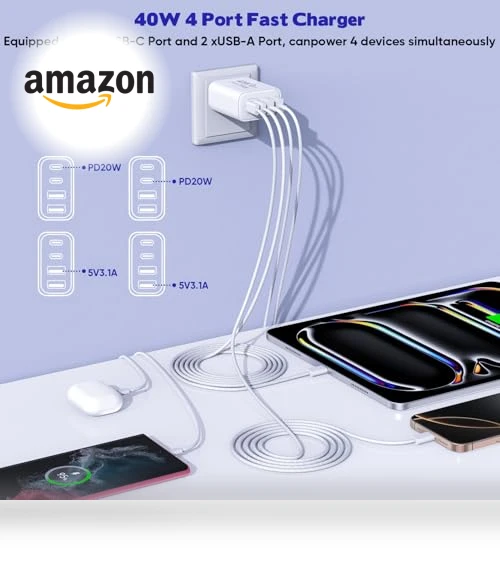 10FT USB C to C Woven Cable with 40W 4 Port PD&AC Charger Block — Chargers, Shenzhen Xihuida Electronics Co., Ltd.