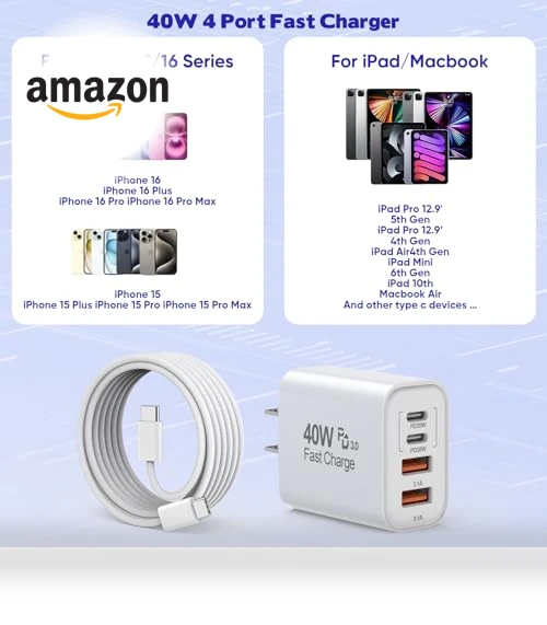 10FT USB C to C Woven Cable with 40W 4 Port PD&AC Charger Block — Chargers, Shenzhen Xihuida Electronics Co., Ltd.