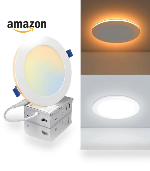 6 Inch 5CCT LED Recessed Ceiling Light with Night Light — Trim, ECOELER