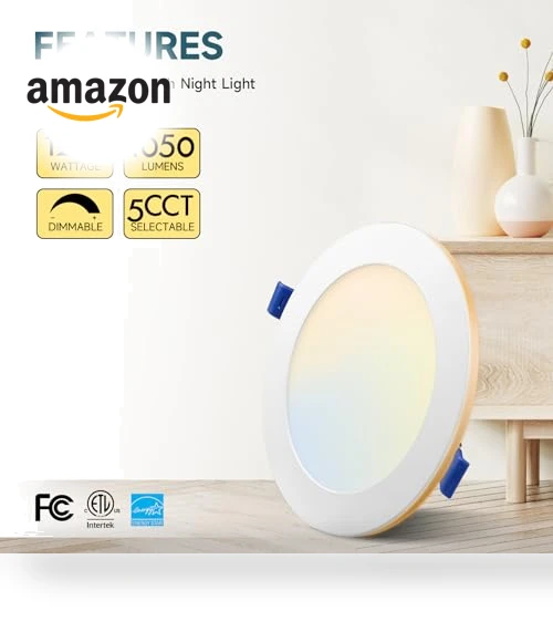 6 Inch 5CCT LED Recessed Ceiling Light with Night Light — Trim, ECOELER
