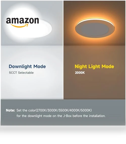 6 Inch 5CCT LED Recessed Ceiling Light with Night Light — Trim, ECOELER