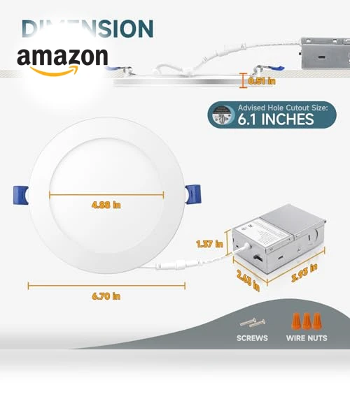 6 Inch 5CCT LED Recessed Ceiling Light with Night Light — Trim, ECOELER
