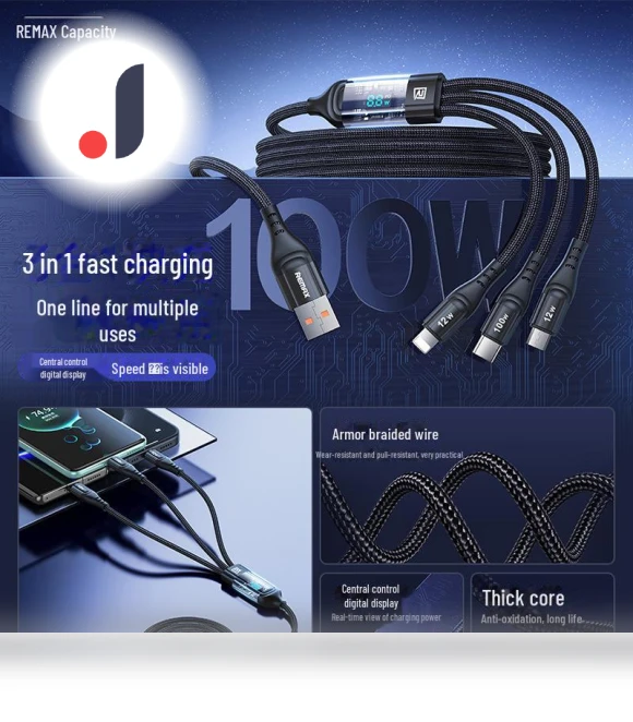 100W Smart Digital Display 3-in-1 Fast Charging Cable — Charging Solutions, REMAX