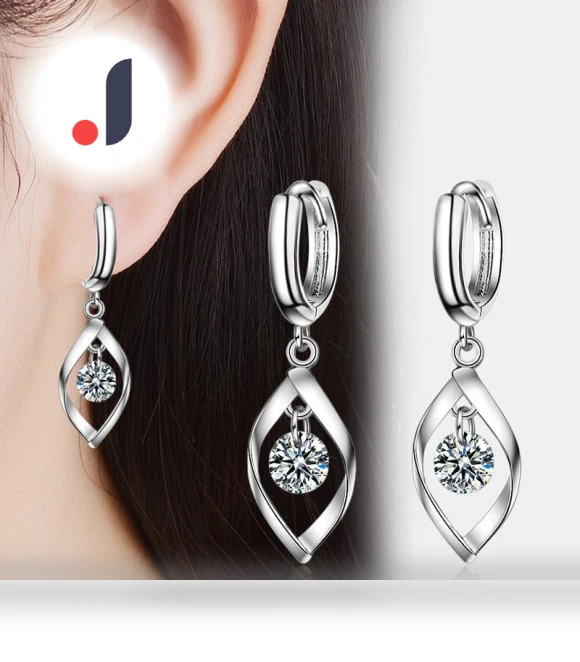 Sterling Silver Earrings with Zircon Crystals and Leaves — , ANENJERY Bijouterie