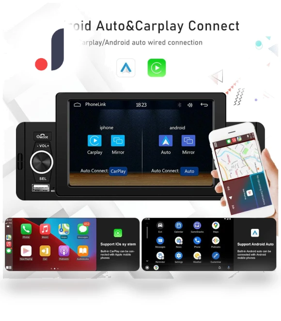 5-inch HD Wireless CarPlay 1Din Video Multimedia MP5 Player — Stereo Receivers, JOHO - CarGear