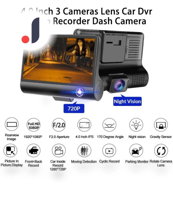 Car DVR Dash Cam 1080P with 3 Lenses — Rearview Cameras for Cars, HOME-Auto-001