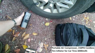 Portable Air Compressor, 150PSI Cordless Tire Inflator for Car Tires, Pickups,  6000mAh Battery